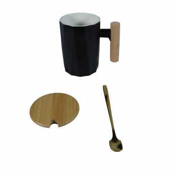 Gambar produk Yomu Cangkir Minum Keramik Wooden Handle Mug with Lid Spoon 7.5x11cm - YM15