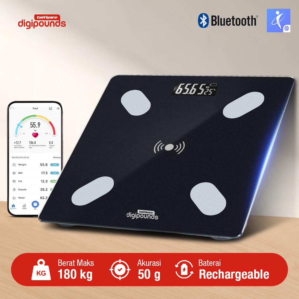 Taffware Digipounds Timbangan Badan Digital Scale BMI Smart App 180kg Rechargeable Version - ANT0217 Gambar produk Taffware Digipounds Timbangan Badan Digital Scale BMI Smart App 180kg Rechargeable Version - ANT0217
