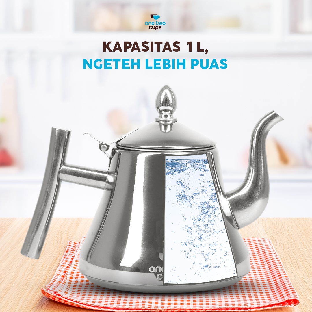 One Two Cups Teko Air Panas Teh Teapot Stainless Steel 1L with Filter - HS4012 Gambar produk One Two Cups Teko Air Panas Teh Teapot Stainless Steel 1L with Filter - HS4012