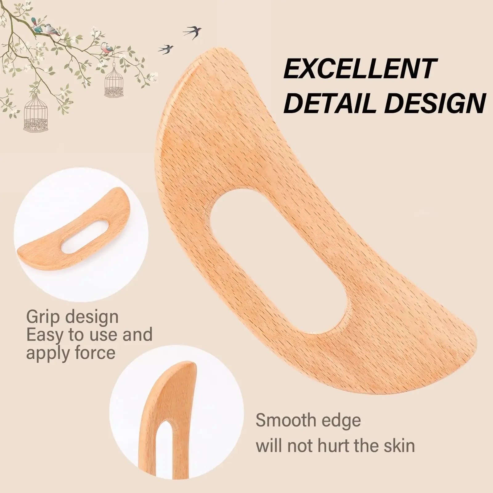 Gambar produk DUTRIEUX Alat Pijat Tubuh Gua Sha Kayu Wooden Massage Tool Moon Shaped - DT-19
