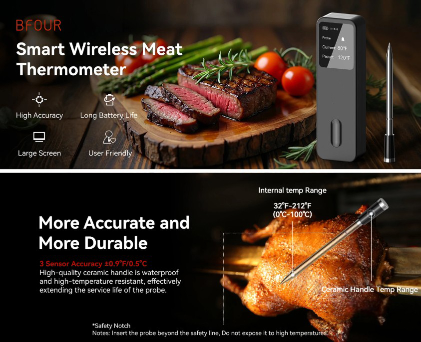 BFOUR Termometer Makanan Digital Daging BBQ Bluetooth Screen 1 Probe - BF-30 Gambar produk BFOUR Termometer Makanan Digital Daging BBQ Bluetooth Screen 1 Probe - BF-30