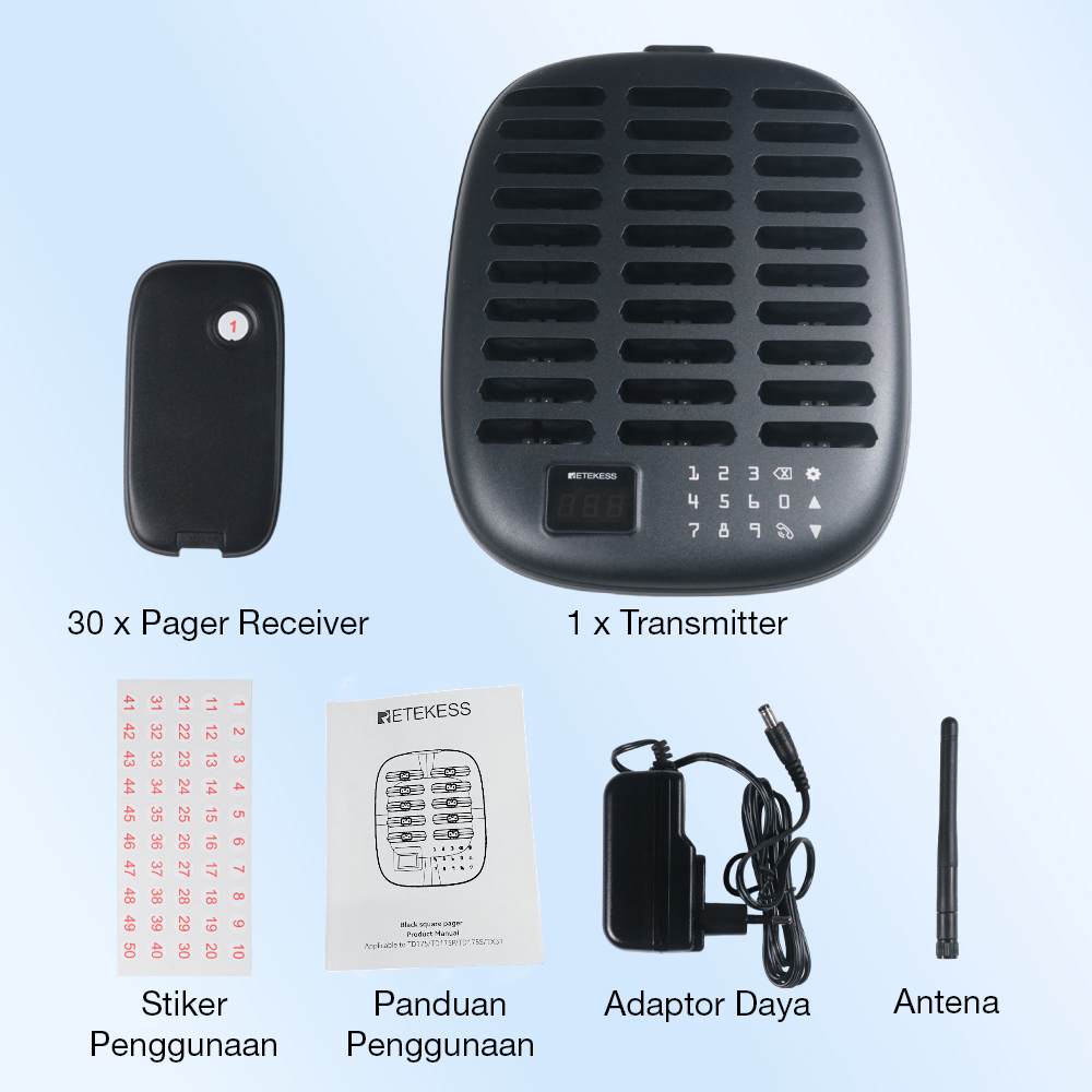 RETEKESS Wireless Calling System Restaurant Mesin Antrian 30 Pager - TD175P Gambar produk RETEKESS Wireless Calling System Restaurant Mesin Antrian 30 Pager - TD175P