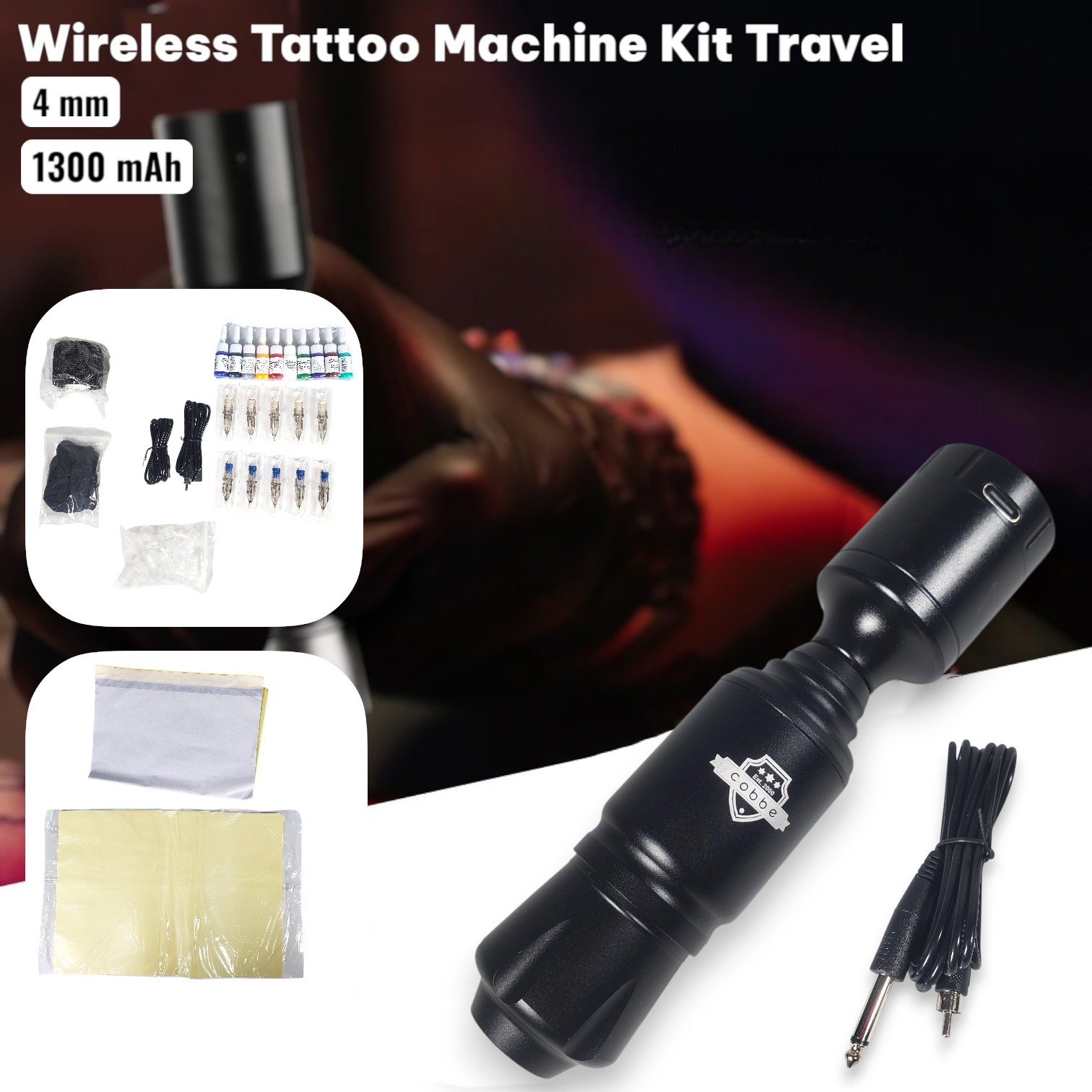 Cobbe Wireless Tattoo Machine Kit Travel 4mm 1300mAh with Cartridge - YL359 Gambar produk Cobbe Wireless Tattoo Machine Kit Travel 4mm 1300mAh with Cartridge - YL359