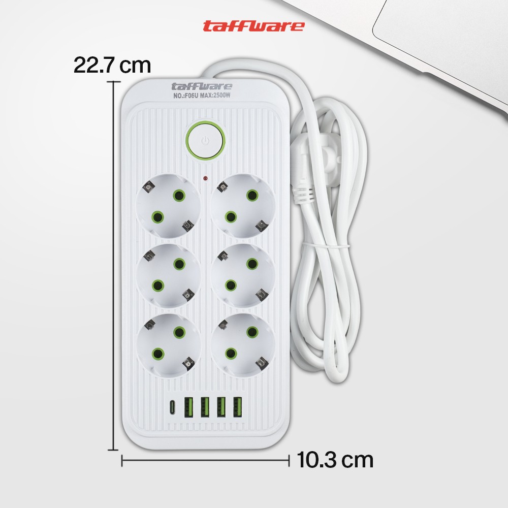 Taffware Stop Kontak Kabel USB Type C 10A 110-250V 2500W 1.8M 6 Lubang - QL-1075U/F06U Gambar produk Taffware Stop Kontak Kabel USB Type C 10A 110-250V 2500W 1.8M 6 Lubang - QL-1075U/F06U