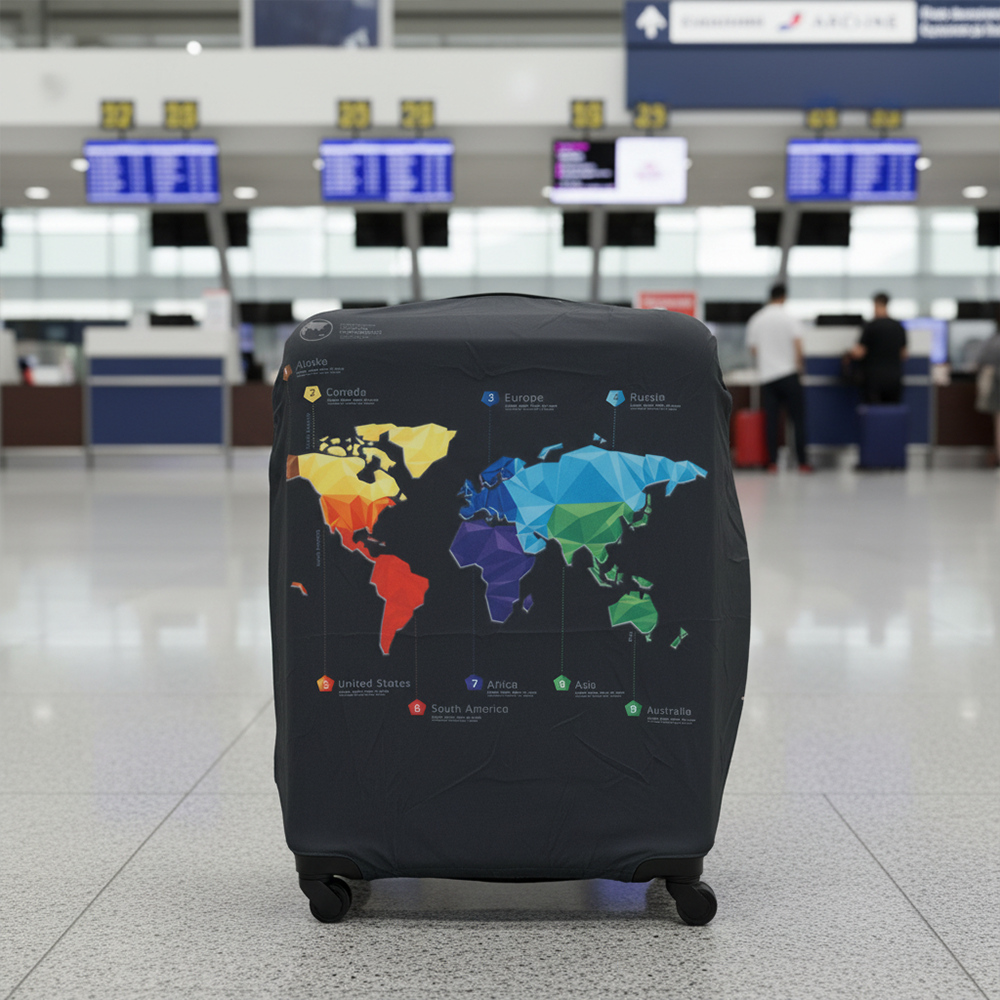 TravGuard Sarung Koper Elastis Polyester Spandex Luggage Cover M Intercontinental Map - H-22 Gambar produk TravGuard Sarung Koper Elastis Polyester Spandex Luggage Cover M Intercontinental Map - H-22