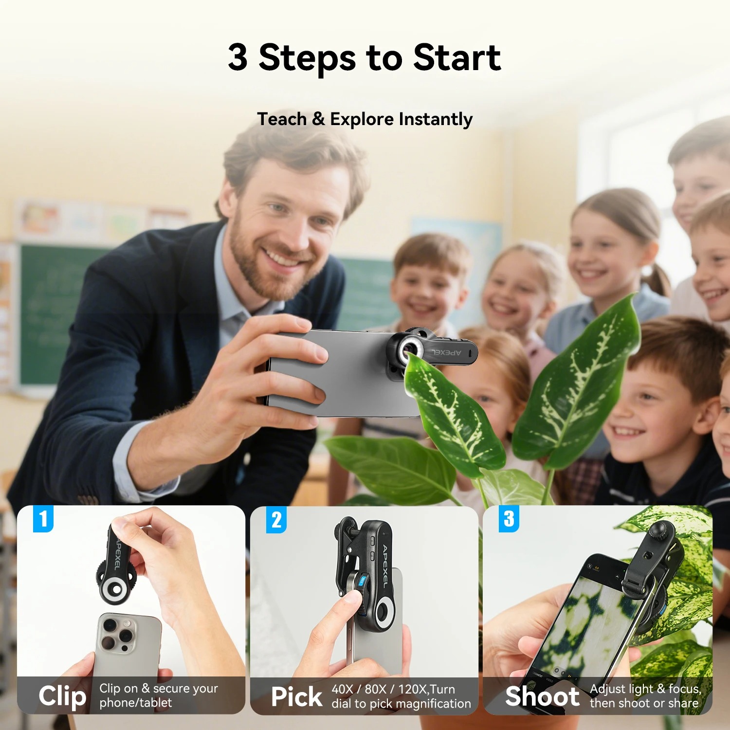 APEXEL Lensa Kamera HP Smartphone Microscope TriScope LED Rechargeable - APL-MS3L Gambar produk APEXEL Lensa Kamera HP Smartphone Microscope TriScope LED Rechargeable - APL-MS3L