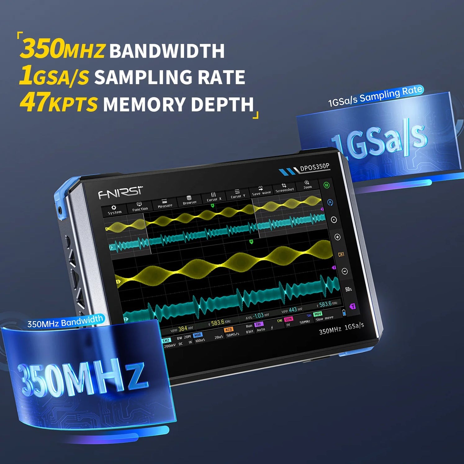 FNIRSI Digital Oscilloscope 4in1 Spectrum Frequency Signal Generator - DPOS350P Gambar produk FNIRSI Digital Oscilloscope 4in1 Spectrum Frequency Signal Generator - DPOS350P
