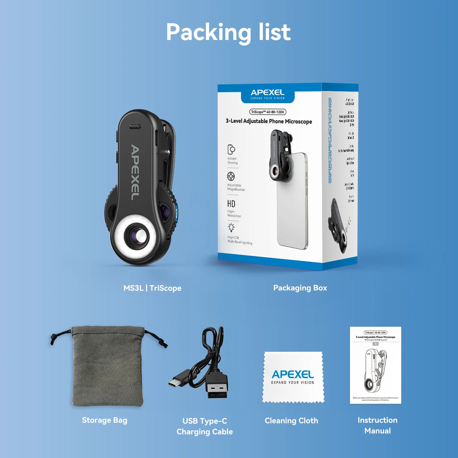 APEXEL Lensa Kamera HP Smartphone Microscope TriScope LED Rechargeable - APL-MS3L Gambar produk APEXEL Lensa Kamera HP Smartphone Microscope TriScope LED Rechargeable - APL-MS3L