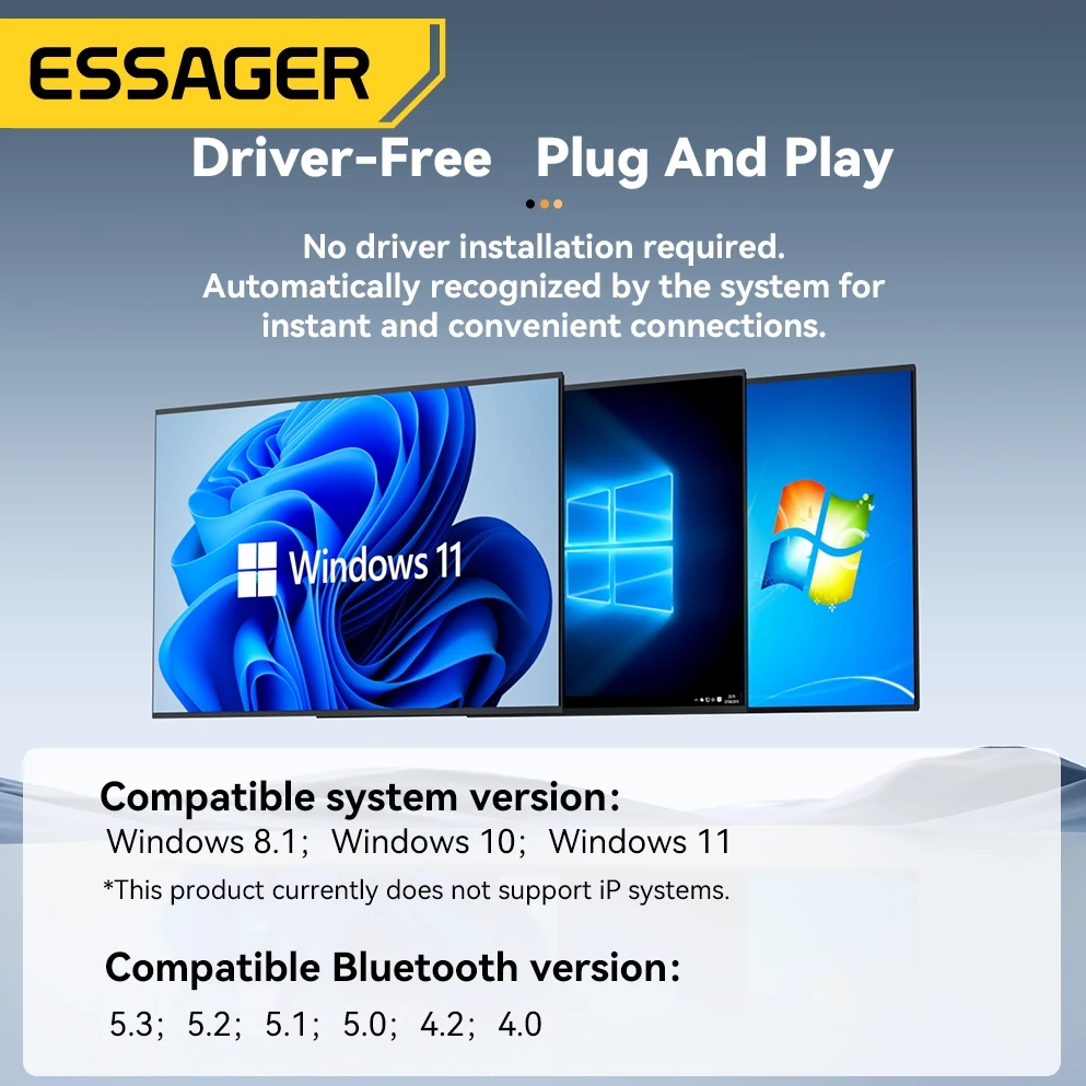 ESSAGER Adaptor Bluetooth 5.4 Dongle PC Laptop for Windows 8.1/10/11 - ES-BT16 Gambar produk ESSAGER Adaptor Bluetooth 5.4 Dongle PC Laptop for Windows 8.1/10/11 - ES-BT16
