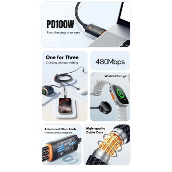 Gambar produk ESSAGER Kabel Charger 3in1 Magnetic Fast Charging 1.2M 480Mbps 100W - EXCSB-CY01-P