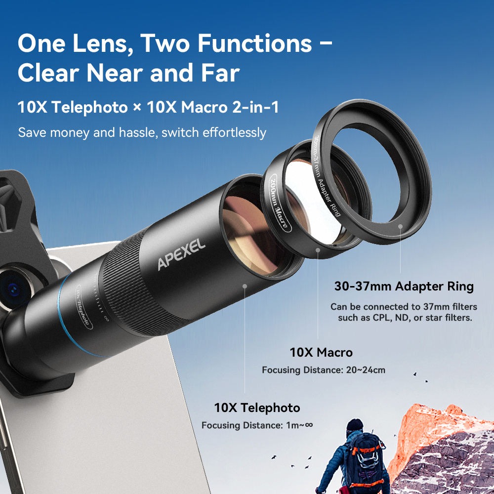 APEXEL Lensa Tele Smartphone Macro Telephoto 10X Clip On - APL-TM10 Gambar produk APEXEL Lensa Tele Smartphone Macro Telephoto 10X Clip On - APL-TM10