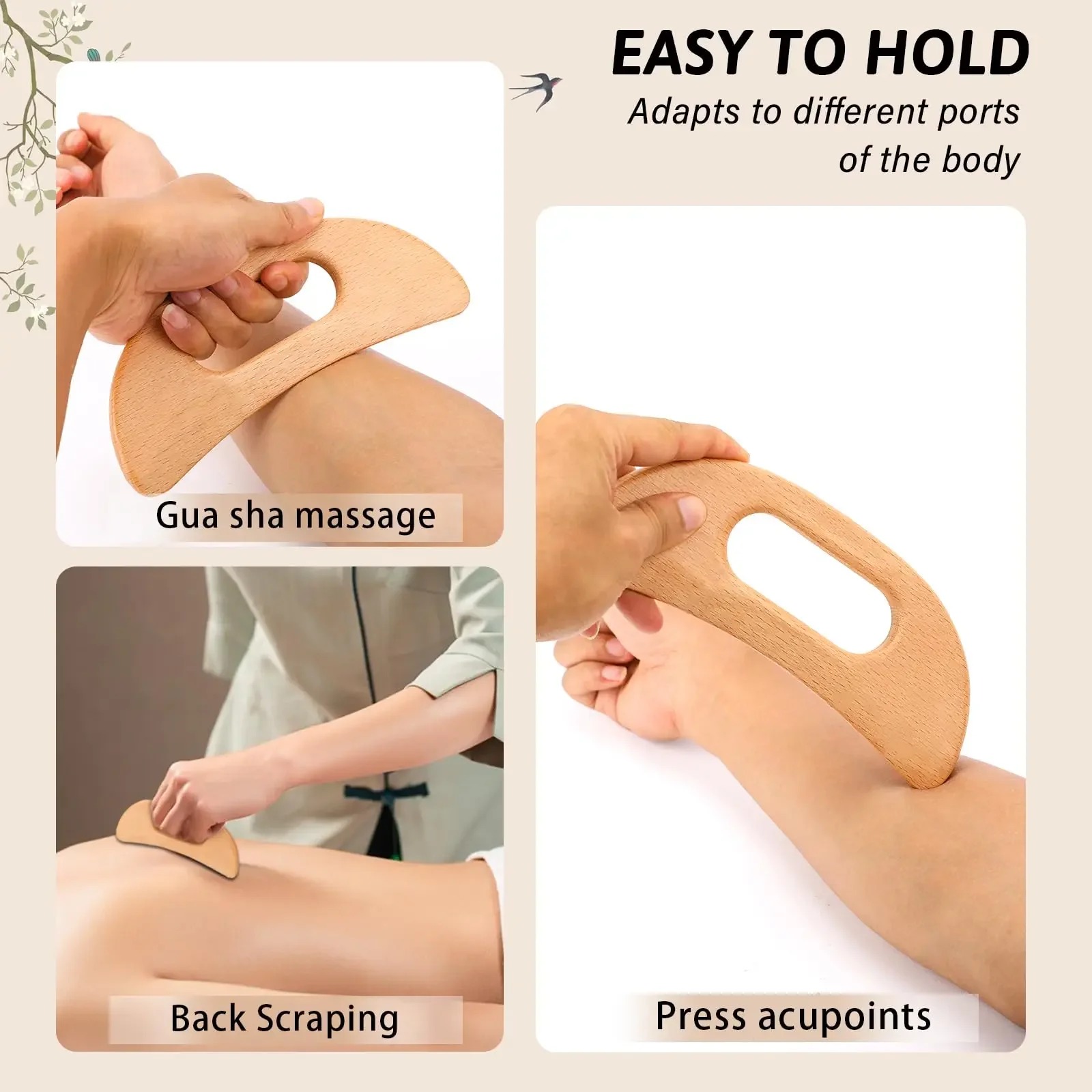 Gambar produk DUTRIEUX Alat Pijat Tubuh Gua Sha Kayu Wooden Massage Tool Moon Shaped - DT-19