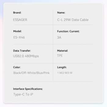 Gambar produk ESSAGER Kabel Data USB Type C to Lightning Fast Charging 3A 29W 2M - ES-X46