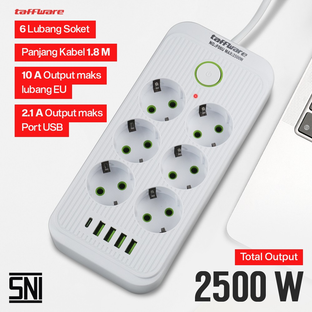 Taffware Stop Kontak Kabel USB Type C 10A 110-250V 2500W 1.8M 6 Lubang - QL-1075U/F06U Gambar produk Taffware Stop Kontak Kabel USB Type C 10A 110-250V 2500W 1.8M 6 Lubang - QL-1075U/F06U