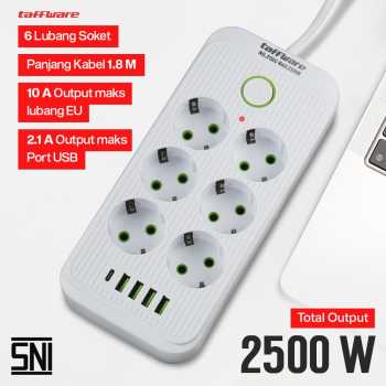 Gambar produk Taffware Stop Kontak Kabel USB Type C 10A 110-250V 2500W 1.8M 6 Lubang - QL-1075U/F06U