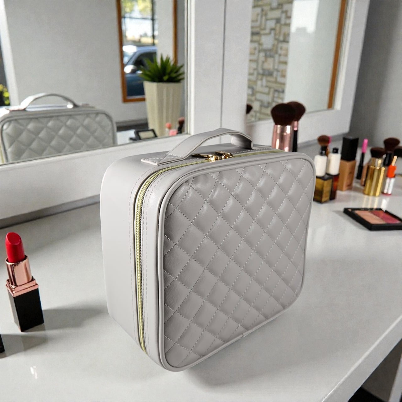 SNU Tas Organizer Make Up Kosmetik Multifungsi with Mirror 26x23x12cm Checkered - F300 Gambar produk SNU Tas Organizer Make Up Kosmetik Multifungsi with Mirror 26x23x12cm Checkered - F300