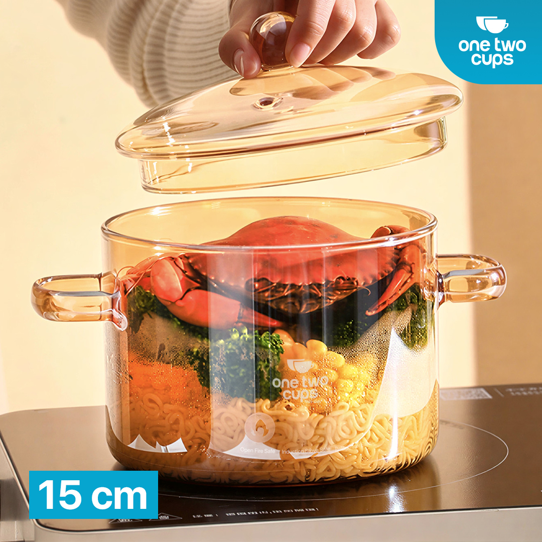 One Two Cups Panci Kaca Glass Cooking Pot Borosilicate Tahan Panas Api 15cm - YWJ-1265 Gambar produk One Two Cups Panci Kaca Glass Cooking Pot Borosilicate Tahan Panas Api 15cm - YWJ-1265