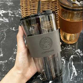 JUMPINJOK Gelas Kopi Tumbler Glass Cup Lid Leather Cover With Straw - HD-12