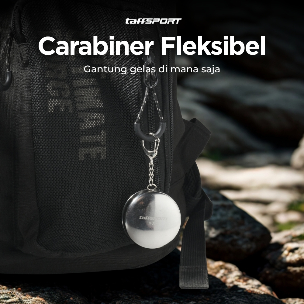 TaffSPORT Gelas Lipat Stainless Steel Foldable Cup Carabiner 69ml - YL37802 Gambar produk TaffSPORT Gelas Lipat Stainless Steel Foldable Cup Carabiner 69ml - YL37802