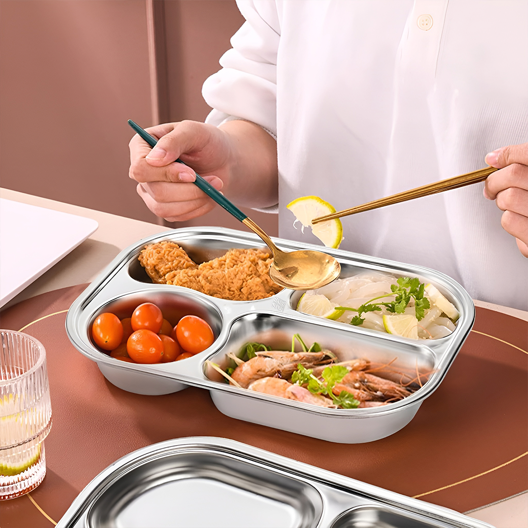 WIMPY Piring Makan Stainless Steel 304 Tray Fast Food 4 Grid - W-005 Gambar produk WIMPY Piring Makan Stainless Steel 304 Tray Fast Food 4 Grid - W-005