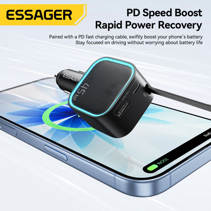 ESSAGER Car Charger Mobil Fast Charging PD 45W with Retractable Cable - F779 Gambar produk ESSAGER Car Charger Mobil Fast Charging PD 45W with Retractable Cable - F779