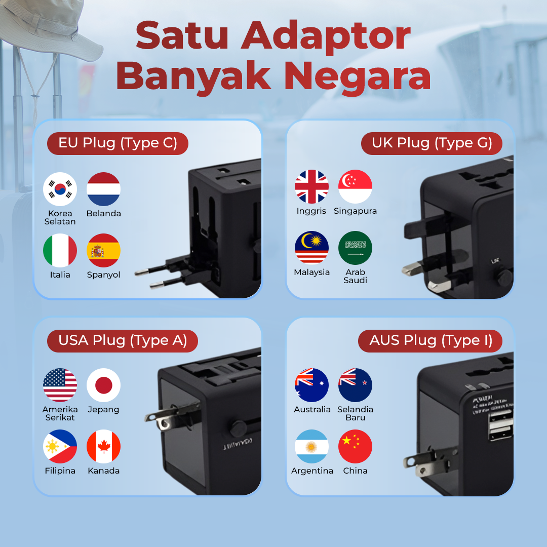 Taffware Travel Adaptor Universal EU UK US/AU with 2 Port USB A 2.1A - JY-148 Gambar produk Taffware Travel Adaptor Universal EU UK US/AU with 2 Port USB A 2.1A - JY-148