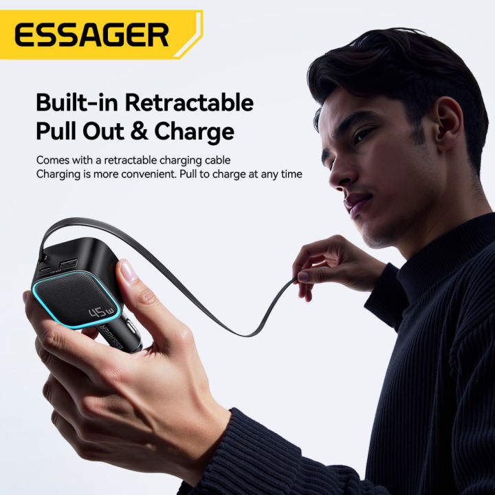 ESSAGER Car Charger Mobil Fast Charging PD 45W with Retractable Cable - F779 Gambar produk ESSAGER Car Charger Mobil Fast Charging PD 45W with Retractable Cable - F779