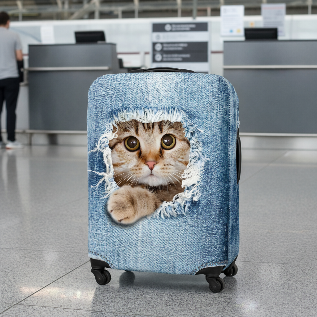 TravGuard Sarung Koper Elastis Polyester Spandex Luggage Cover M Denim Broken Cat - H-22 Gambar produk TravGuard Sarung Koper Elastis Polyester Spandex Luggage Cover M Denim Broken Cat - H-22