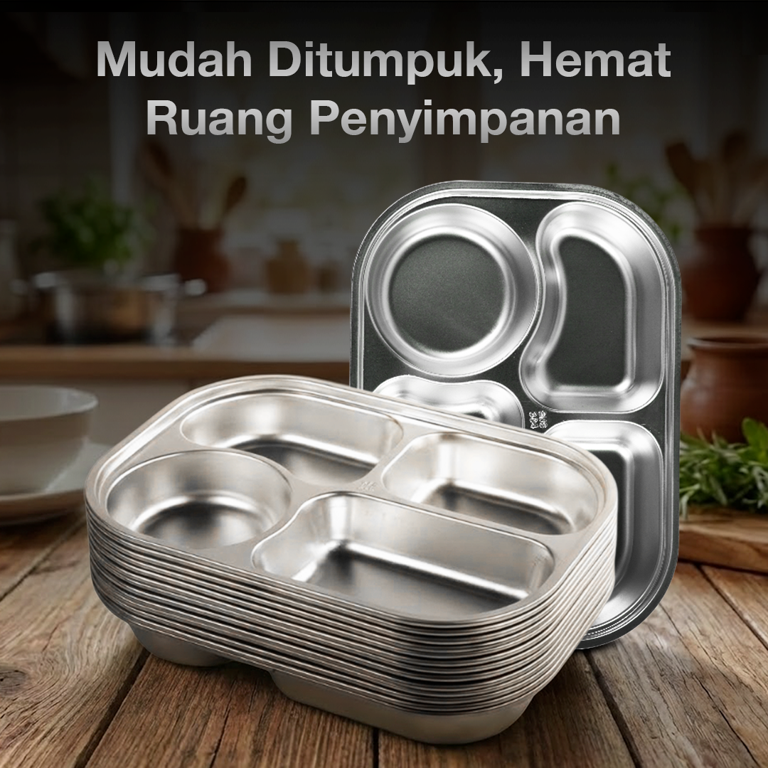 WIMPY Piring Makan Stainless Steel 304 Tray Fast Food 4 Grid - W-005 Gambar produk WIMPY Piring Makan Stainless Steel 304 Tray Fast Food 4 Grid - W-005