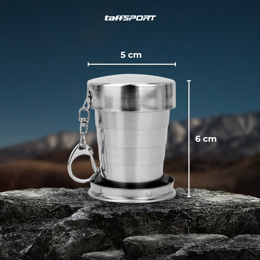 TaffSPORT Gelas Lipat Stainless Steel Foldable Cup Carabiner 69ml - YL37802 Gambar produk TaffSPORT Gelas Lipat Stainless Steel Foldable Cup Carabiner 69ml - YL37802