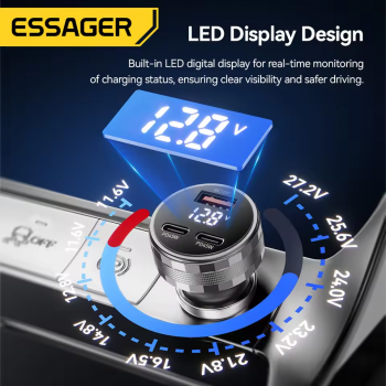 Gambar produk ESSAGER Digital Display Car Charger 2 USB Type C PD45W 12V-24V 108W - ECC2CA-JS01-P