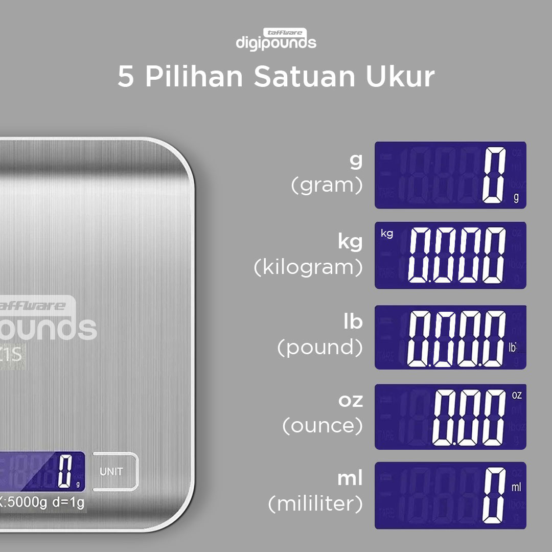 Taffware Digipounds Timbangan Dapur Mini Digital Scale 5kg 1g - Z1S Gambar produk Taffware Digipounds Timbangan Dapur Mini Digital Scale 5kg 1g - Z1S