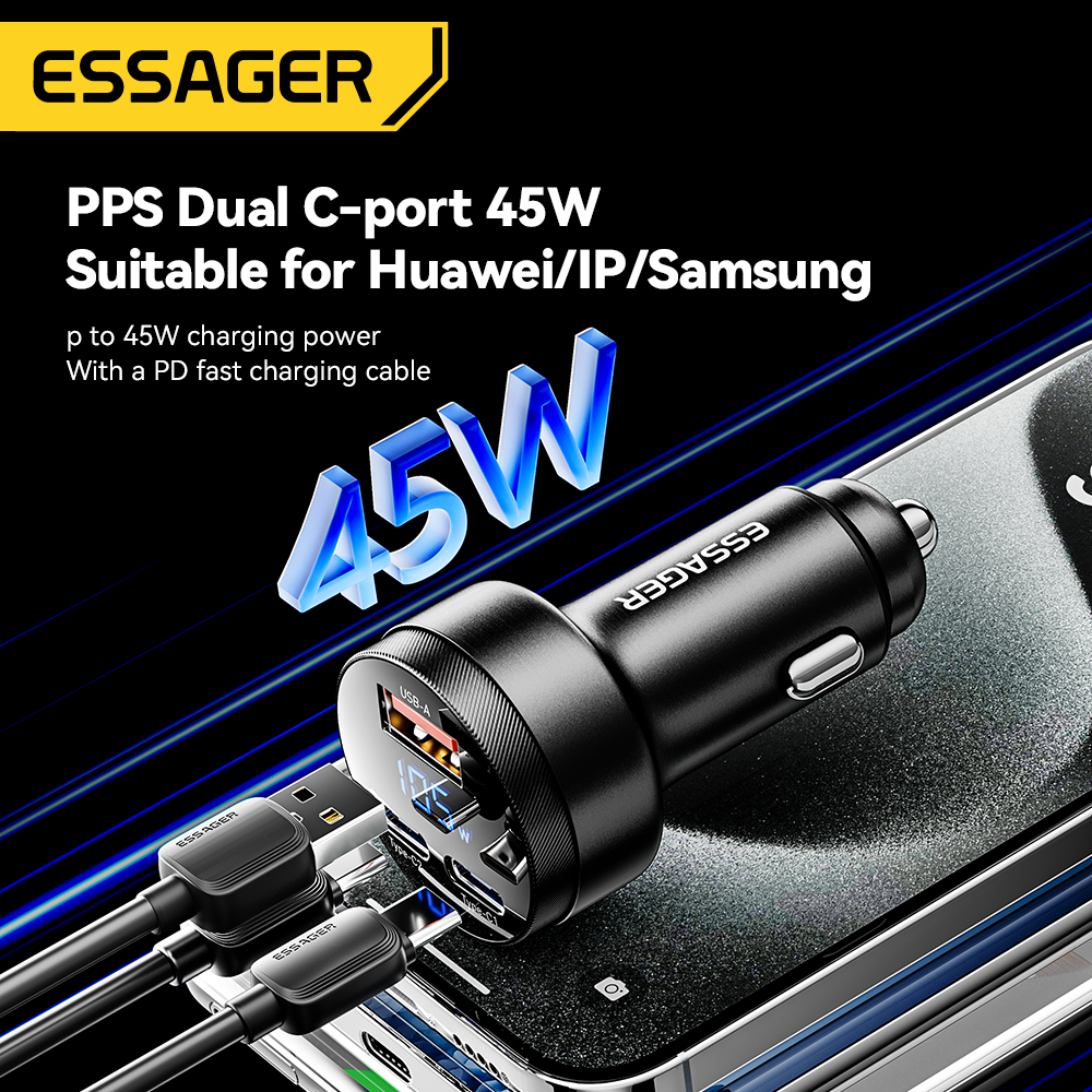 ESSAGER Digital Display Car Charger 2 USB Type C PD45W 12V-24V 108W - ECC2CA-JS01-P Gambar produk ESSAGER Digital Display Car Charger 2 USB Type C PD45W 12V-24V 108W - ECC2CA-JS01-P