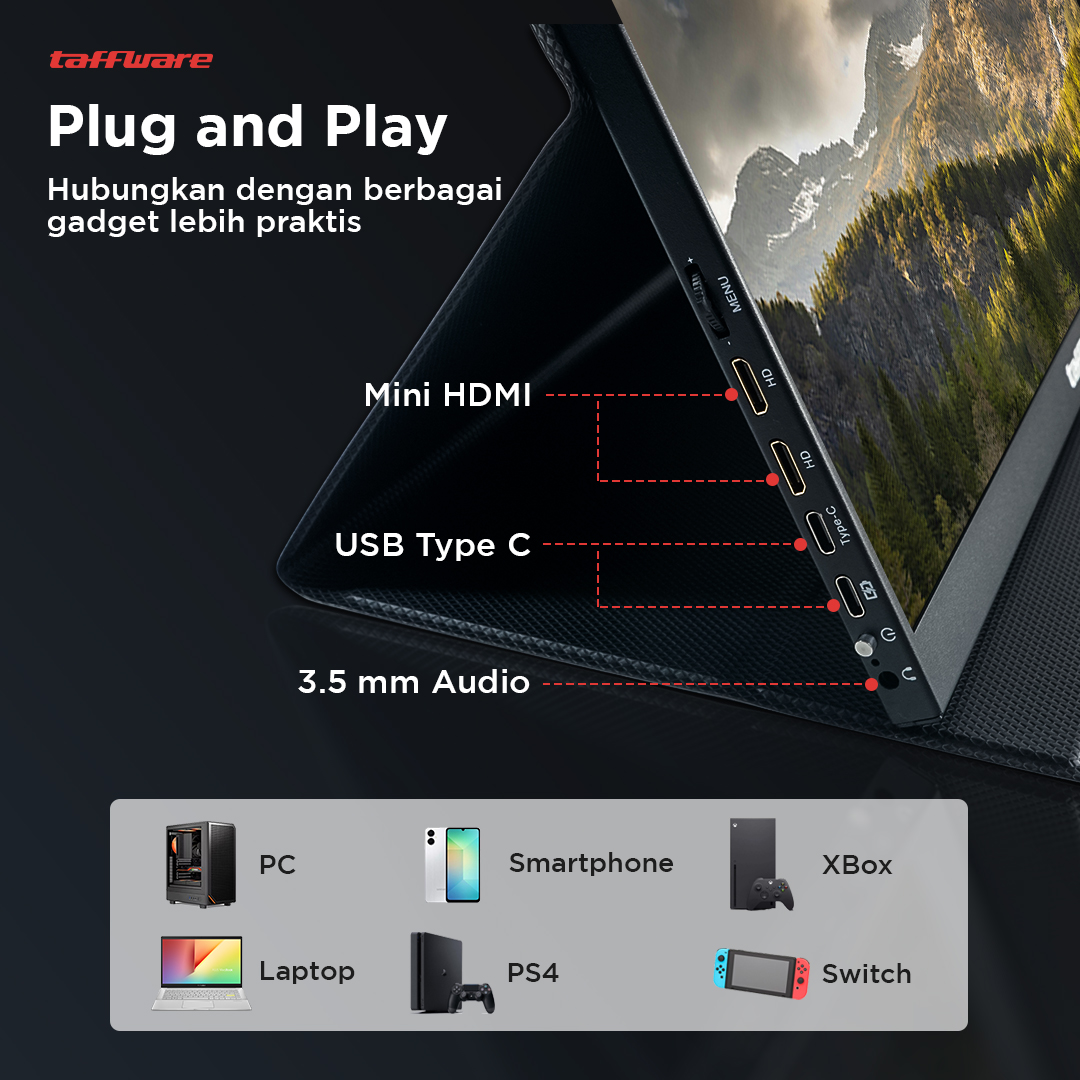 Gambar produk Taffware Portable Monitor 16 Inch IPS QHD 2.5K 60Hz Type C Mini HDMI - 1600XTS