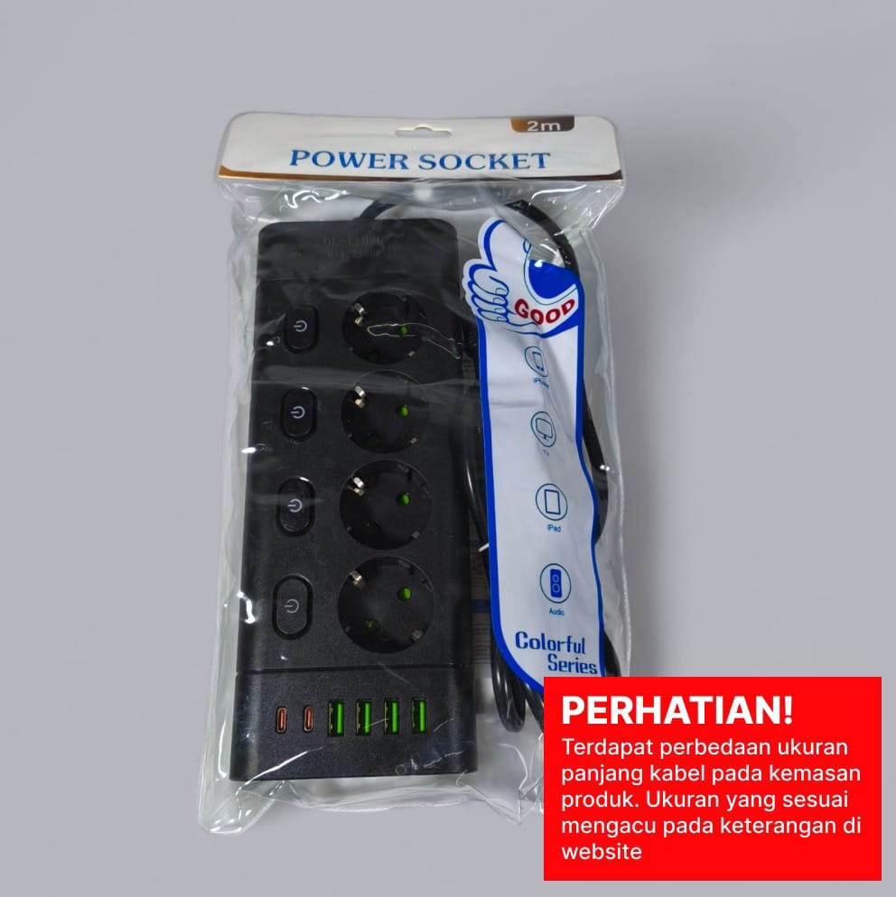 QIAOLIAN Stop Kontak Kabel USB Type C 10A 110-250V 2500W 1.9M 4 Lubang - QL-1108U Gambar produk QIAOLIAN Stop Kontak Kabel USB Type C 10A 110-250V 2500W 1.9M 4 Lubang - QL-1108U