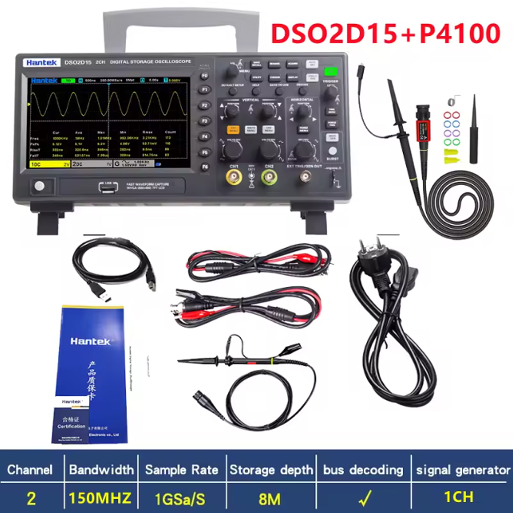 Hantek Digital Storage Oscilloscope Signal Generator with P4100 Probe - DS02D15 Gambar produk Hantek Digital Storage Oscilloscope Signal Generator with P4100 Probe - DS02D15