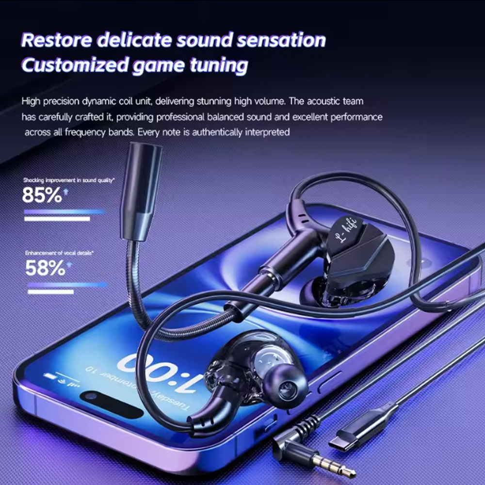 Gambar produk VAORLO Earphone Gaming Wired Type C HiFi Surround Sound Detachable Mic - G62