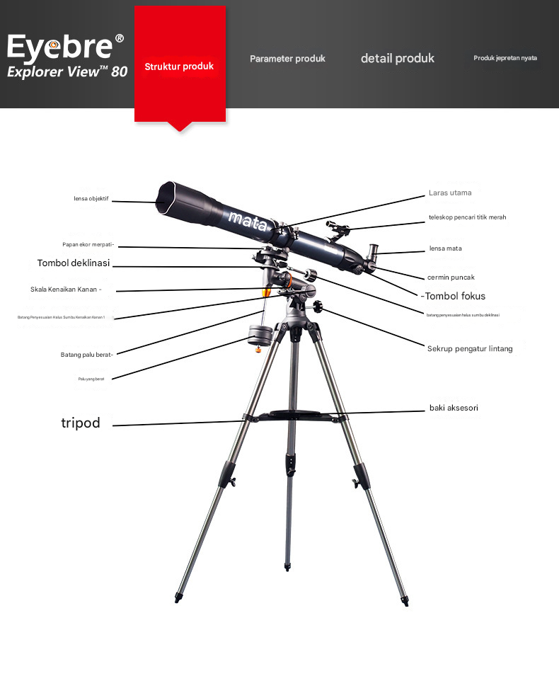 Eyebre Teleskop Astronomi 900/80mm dengan Cermin Zenith EQ Mount - 90080EQ Gambar produk Eyebre Teleskop Astronomi 900/80mm dengan Cermin Zenith EQ Mount - 90080EQ