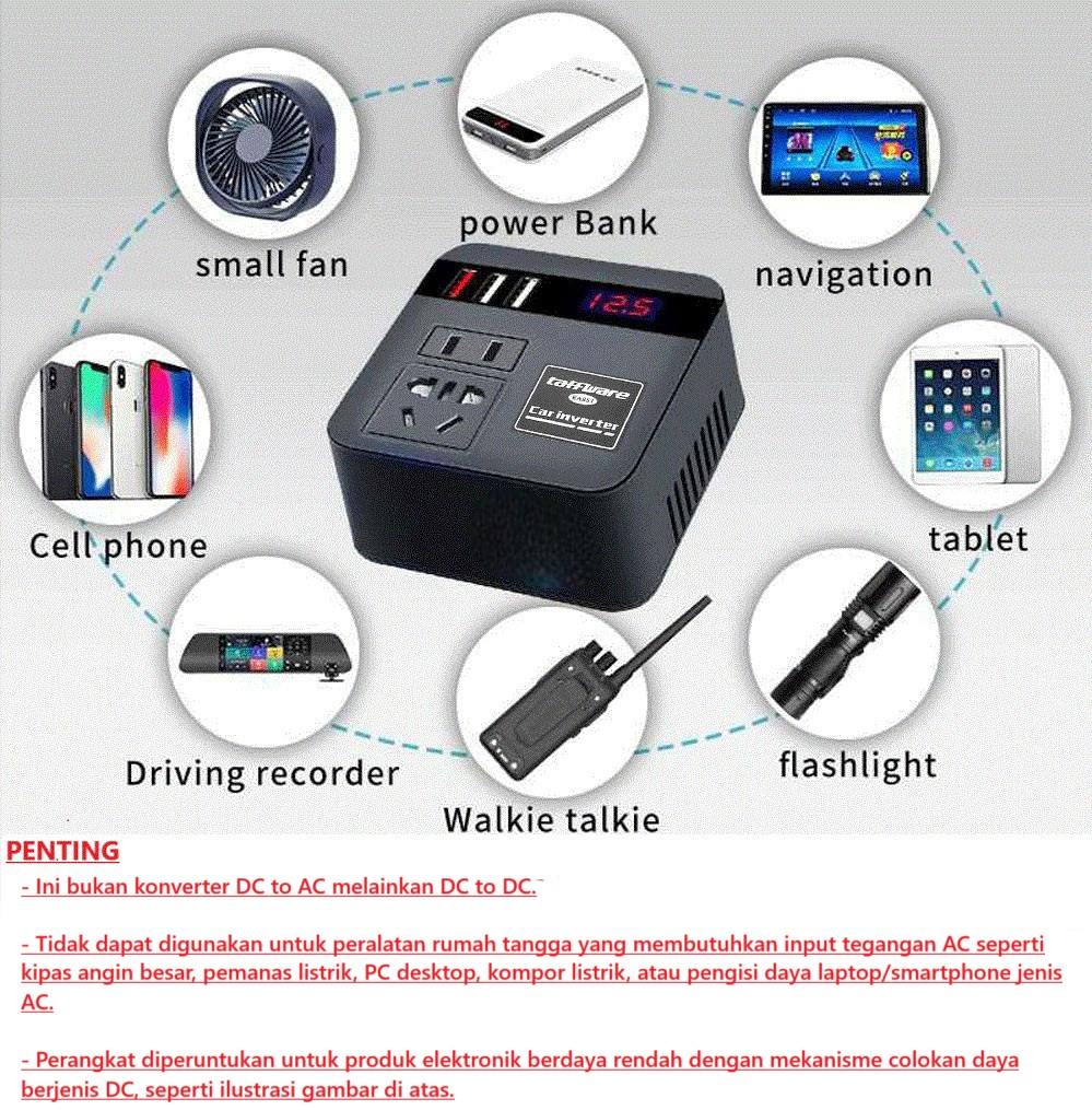 Taffware Car Power Inverter DC to DC 12/24V to 110/220V 100W - EA851 Gambar produk Taffware Car Power Inverter DC to DC 12/24V to 110/220V 100W - EA851