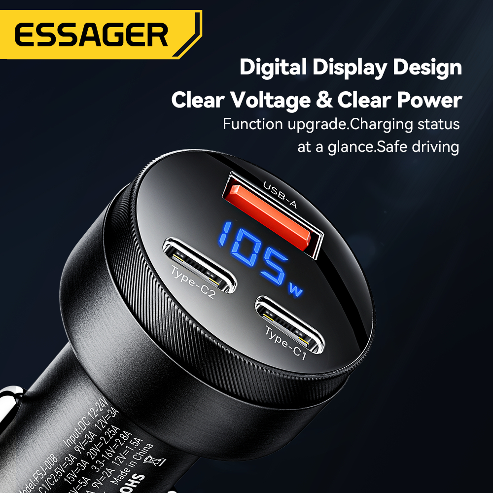 ESSAGER Digital Display Car Charger 2 USB Type C PD45W 12V-24V 108W - ECC2CA-JS01-P Gambar produk ESSAGER Digital Display Car Charger 2 USB Type C PD45W 12V-24V 108W - ECC2CA-JS01-P