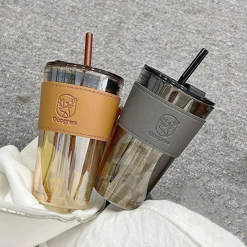 Gucgres Gelas Tumbler Kopi Kaca Glass Cup Leather Cover with Straw 350ml - HD-12 Gambar produk Gucgres Gelas Tumbler Kopi Kaca Glass Cup Leather Cover with Straw 350ml - HD-12