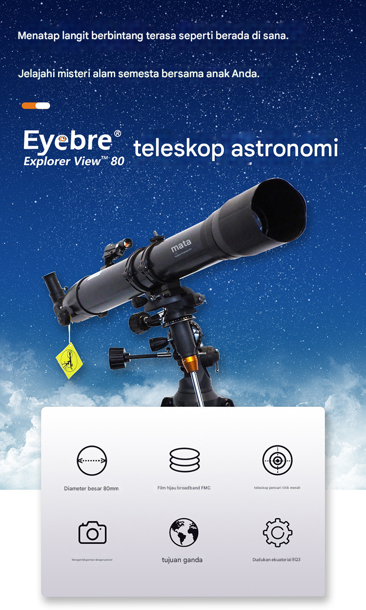 Eyebre Teleskop Astronomi 900/80mm dengan Cermin Zenith EQ Mount - 90080EQ Gambar produk Eyebre Teleskop Astronomi 900/80mm dengan Cermin Zenith EQ Mount - 90080EQ