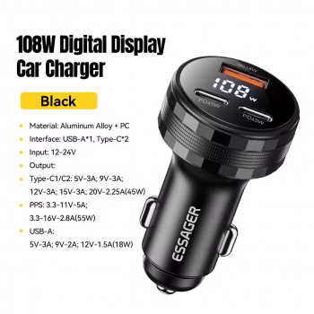 Gambar produk ESSAGER Digital Display Car Charger 2 USB Type C PD45W 12V-24V 108W - ECC2CA-JS01-P