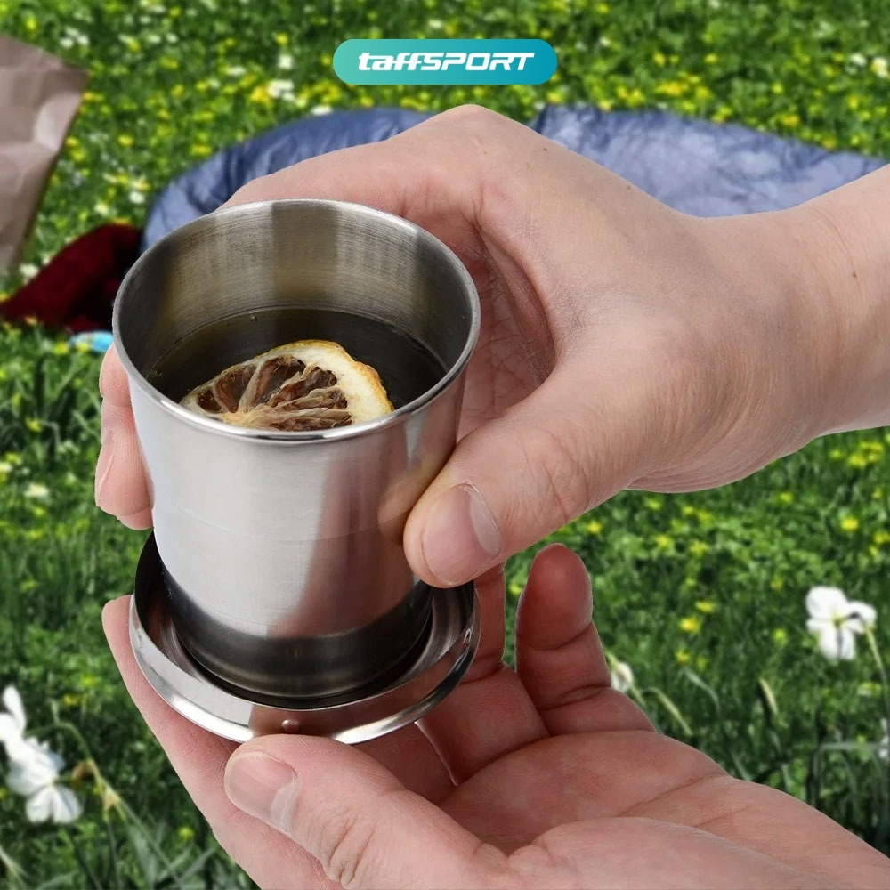 TaffSPORT Gelas Lipat Stainless Steel Foldable Cup Carabiner 69ml - YL37802 Gambar produk TaffSPORT Gelas Lipat Stainless Steel Foldable Cup Carabiner 69ml - YL37802