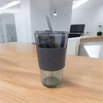 Gucgres Gelas Tumbler Kopi Kaca Glass Cup Leather Cover with Straw - HD-12