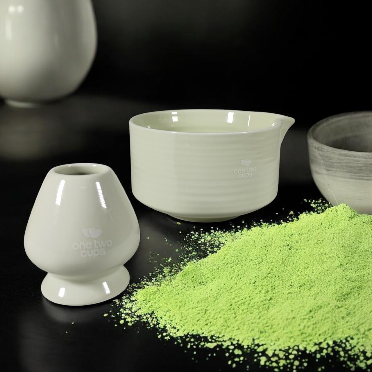 One Two Cups Matcha Set Chawan Chasen Stand Chashaku Ceramic 500ml - CZ2 Gambar produk One Two Cups Matcha Set Chawan Chasen Stand Chashaku Ceramic 500ml - CZ2