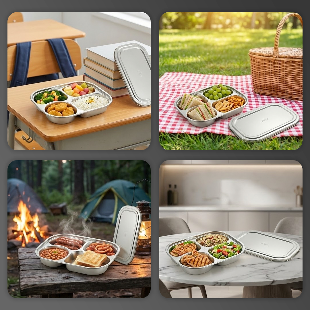 WIMPY Piring Makan Stainless Steel 304 Tray Fast Food 4 Grid - W-005 Gambar produk WIMPY Piring Makan Stainless Steel 304 Tray Fast Food 4 Grid - W-005