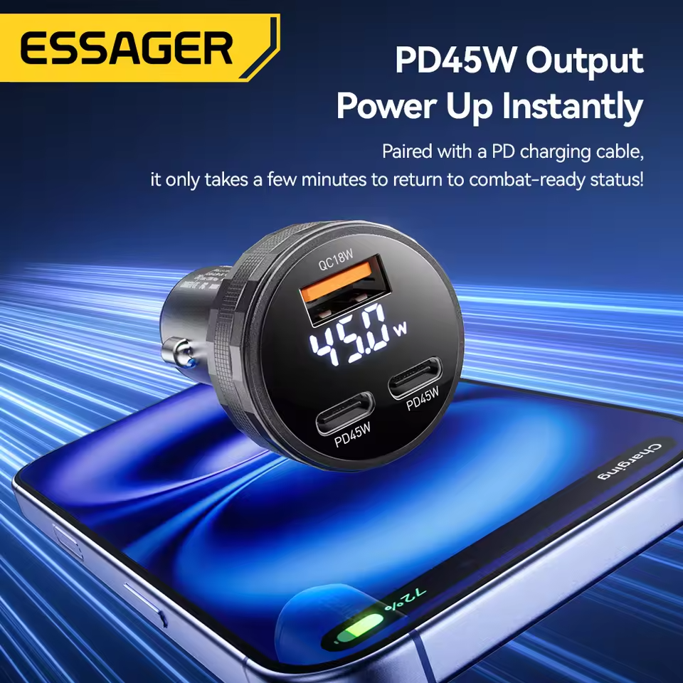 ESSAGER Digital Display Car Charger 2 USB Type C PD45W 12V-24V 108W - ECC2CA-JS01-P Gambar produk ESSAGER Digital Display Car Charger 2 USB Type C PD45W 12V-24V 108W - ECC2CA-JS01-P