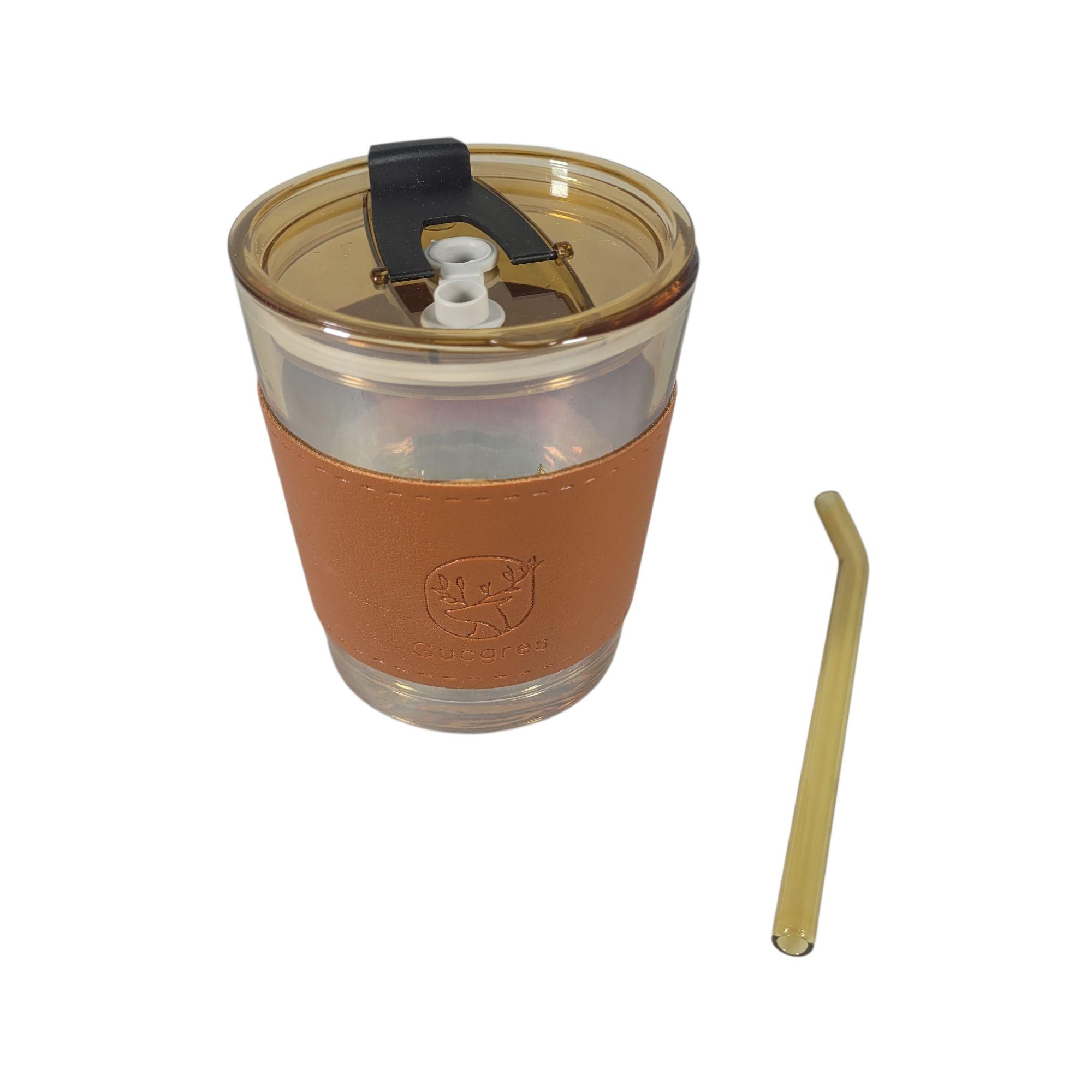Gucgres Gelas Tumbler Kopi Kaca Glass Cup Leather Cover with Straw 350ml - HD-12 Gambar produk Gucgres Gelas Tumbler Kopi Kaca Glass Cup Leather Cover with Straw 350ml - HD-12