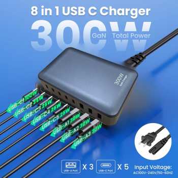 ILEPO Charger USB Docking Station 8 Multi Port Type C PD QC GaN3 300W - ZETX300W-U